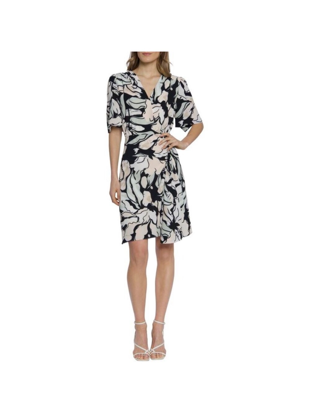 Maggy London Black and Cream Abstract Floral Wrap Midi Dress Sz 2